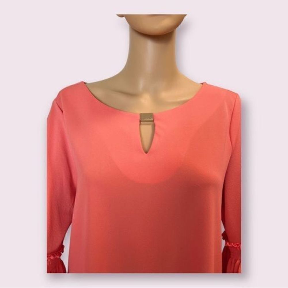 Calvin Klein tunic/blouse coral flared ruched ruffled long sleeve M - Picture 3 of 12